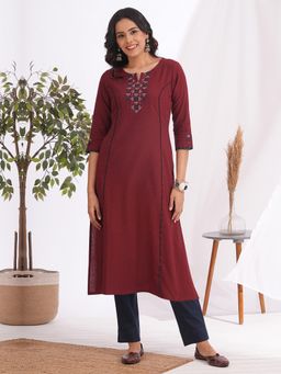 Kami Kubi - Straight Fit Cotton Fabric Maroon Kurta