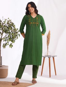 Kami Kubi - Straight Fit Woven Checks Green Kurta