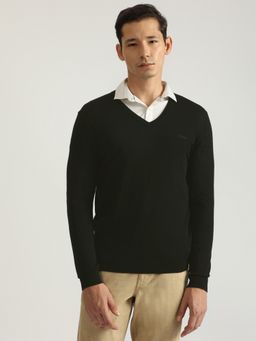 GANT - Men Black Solid V-Neck Full Sleeves Pullover Style Sweater