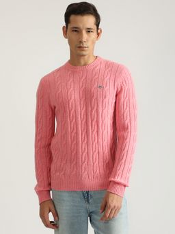 GANT - Men Pink Self Design Round Neck Full Sleeves Pullover Style Sweater
