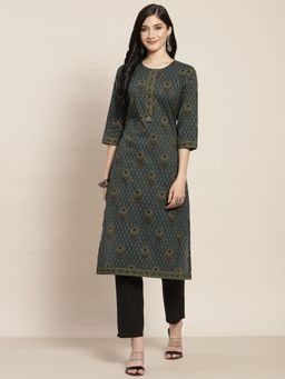Rain & Rainbow - Women Teal Pure Cotton Floral Printed Straight Kurta