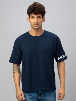 Globus - Men Navy Solid Round Neck Cotton Loose Fit Sports T-Shirt