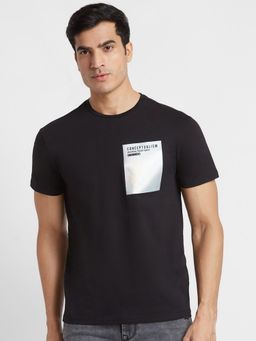 Globus - Men Black Printed Round Neck Cotton Regular Fit Casual T-Shirt