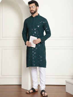 SOJANYA - Men Cotton Embroidered Sequinned Green Kurta with Pyjama (Set of 2)