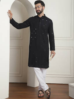 SOJANYA - Men Cotton Embroidered Sequinned Black Kurta with Pyjama (Set of 2)