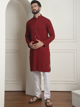 SOJANYA - Men Cotton Embroidered Sequinned Maroon Kurta with Pyjama (Set of 2)