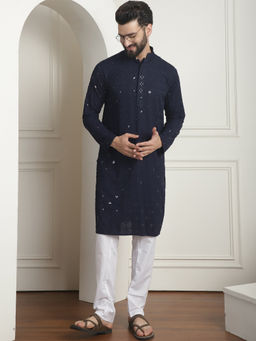 SOJANYA - Men Cotton Embroidered Sequinned Navy Kurta with Pyjama (Set of 2)