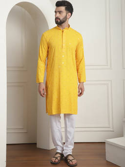SOJANYA - Men Cotton Embroidered Sequinned Yellow Kurta with Pyjama (Set of 2)