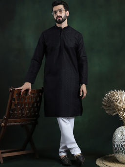 SOJANYA - Men Cotton Thread Embroidered Black Kurta with Pyjama (Set of 2)