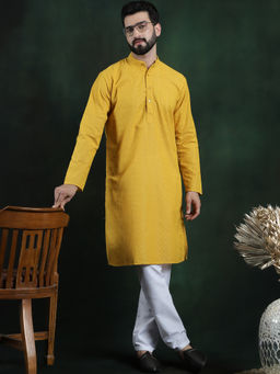 SOJANYA - Men Cotton Thread Embroidered Mustard Kurta with Pyjama (Set of 2)