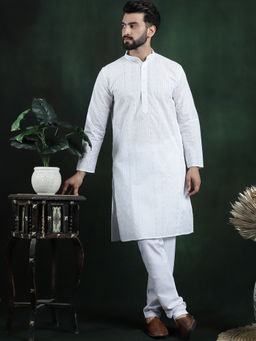 SOJANYA - Men Cotton Thread Embroidered White Kurta with Pyjama (Set of 2)