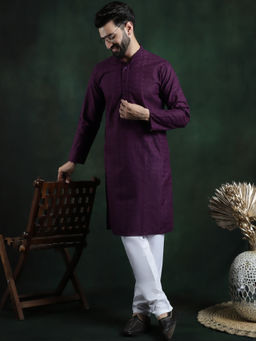 SOJANYA - Men Cotton Thread Embroidered Wine Kurta with Pyjama (Set of 2)
