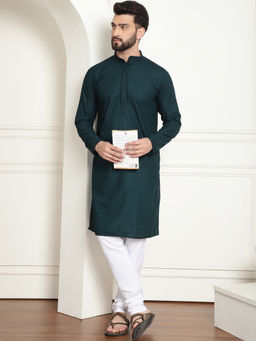SOJANYA - Men Cotton Embroidered Thread Work Green Kurta with Pyjama (Set of 2)