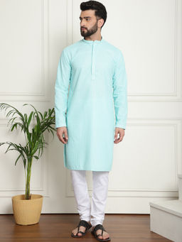 SOJANYA - Men Cotton Embroidered Thread Work Sky Blue Kurta with Pyjama (Set of 2)