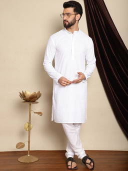 SOJANYA - Men Cotton Embroidered Thread Work White Kurta with Pyjama (Set of 2)