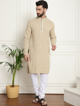 SOJANYA - Men Cotton Gold Sequinned Beige Kurta with Pyjama (Set of 2)