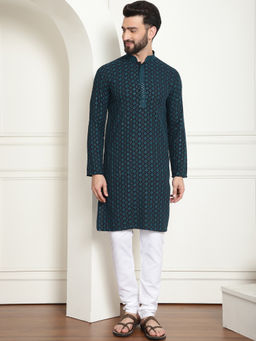 SOJANYA - Men Cotton Gold Sequinned Teal Blue Kurta with Pyjama (Set of 2)