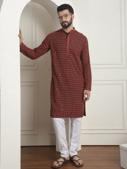 SOJANYA - Men Cotton Sequinned Coral Kurta with White Pyjama (Set of 2)