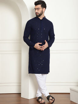 SOJANYA - Men Cotton Gold Sequinned Navy Blue Kurta with Pyjama (Set of 2)