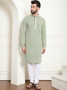 SOJANYA - Men Cotton Gold Sequinned Pista Green Kurta with Pyjama (Set of 2)