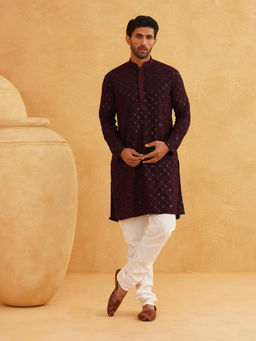 SOJANYA - Men Cotton Gold Sequinned Purple Kurta with Pyjama (Set of 2)