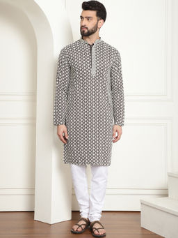 SOJANYA - Men Cotton Gold Sequinned Grey Kurta with Pyjama (Set of 2)