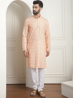 SOJANYA - Men Cotton Foil Printed Peach Kurta with Pyjama (Set of 2)