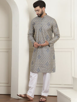 SOJANYA - Men Cotton Gold Thread Embroidered Grey Kurta with Pyjama (Set of 2)