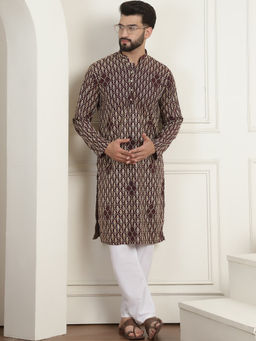 SOJANYA - Men Cotton Gold Thread Embroidered Wine Kurta with Pyjama (Set of 2)