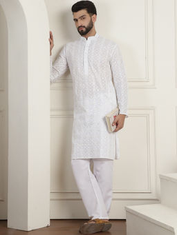 SOJANYA - Men Cotton Gold Sequence Embroidered White Kurta with Pyjama (Set of 2)