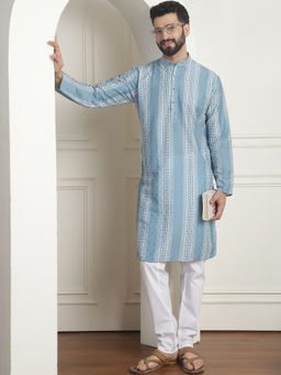 SOJANYA - Men Cotton Silk Printed Teal Blue Kurta with Pyjama (Set of 2)