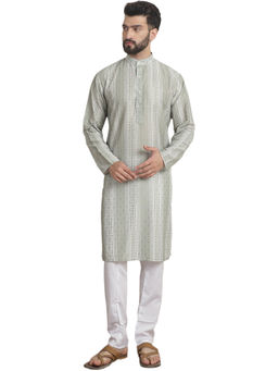 SOJANYA - Men Cotton Silk Printed Pista Green Kurta with Pyjama (Set of 2)
