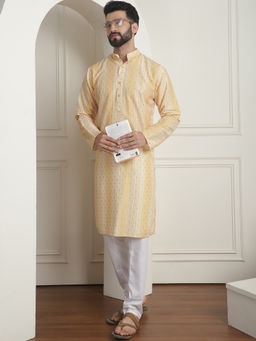 SOJANYA - Men Cotton Silk Printed Mustard Kurta with Pyjama (Set of 2)