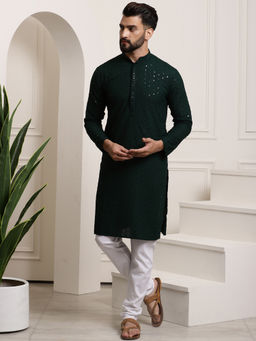 SOJANYA - Men Pure Cotton Green Sequence Kurta and Pyjama (Set of 2)