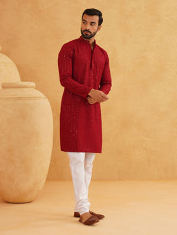 SOJANYA - Men Pure Cotton Maroon Sequence Kurta and Pyjama (Set of 2)