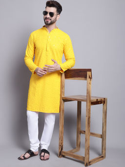 SOJANYA - Men Pure Cotton Mustard Sequence Kurta and Pyjama (Set of 2)