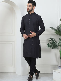 SOJANYA - Men Cotton Silk Boota Embroidered Black Kurta with Pyjama (Set of 2)