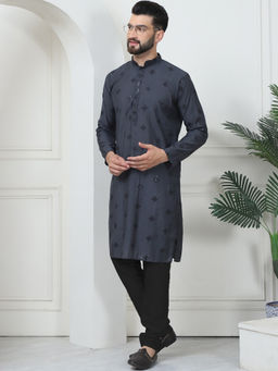 SOJANYA - Men Cotton Silk Boota Embroidered Grey Kurta with Black Pyjama (Set of 2)