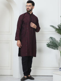 SOJANYA - Men Cotton Silk Boota Embroidered Wine Kurta with Black Pyjama (Set of 2)