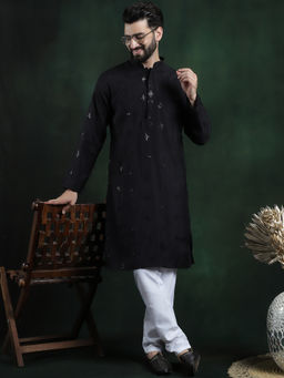 SOJANYA - Men Cotton Silk Boota Embroidered Black Kurta with Pyjama (Set of 2)