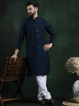 SOJANYA - Men Cotton Silk Boota Embroidered Teal Kurta with Pyjama (Set of 2)