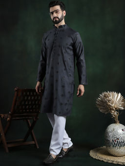 SOJANYA - Men Cotton Silk Boota Embroidered Grey Kurta with Pyjama (Set of 2)