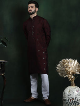 SOJANYA - Men Cotton Silk Boota Embroidered Wine Kurta with Pyjama (Set of 2)