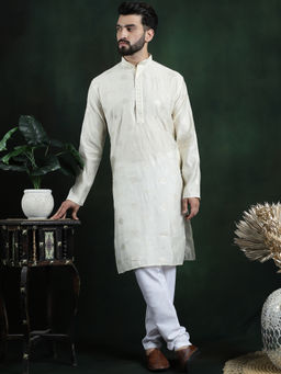 SOJANYA - Men Cotton Silk Sequinned Embroidered Cream Kurta with Pyjama (Set of 2)