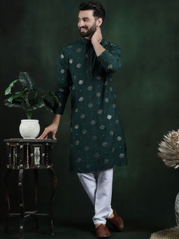 SOJANYA - Men Cotton Silk Sequinned Embroidered Green Kurta with Pyjama (Set of 2)