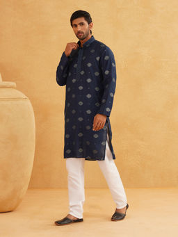 SOJANYA - Men Cotton Silk Sequinned Embroidered Navy Kurta with Pyjama (Set of 2)