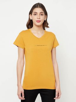 CRIMSOUNE CLUB - Women Mustard Solid V-Neck T-Shirt