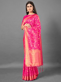 Akhilam - Womens Silk Blend Pink Woven Design Designer Saree with Unstitched Blouse