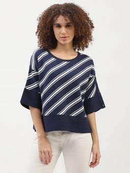 United Colors of Benetton - Navy Blue Regular Fit Round Neck Striped Pattern Sweater