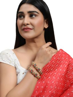 Anika's Creations - 22k Gold Plated Red & Green Stone Studded Square Pattern Bangles (Set of 2)